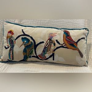 Fun bird pillow! Cotton. Stitching, glass beads, multi-colored sequins.
